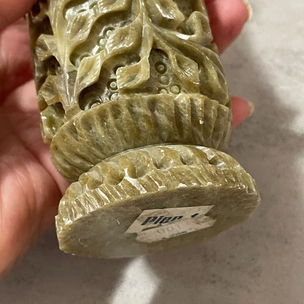 Vintage Pier 1 Carved Green Pink Floral Soapstone Columnar Vases Set of Two 6
